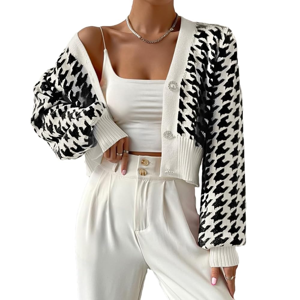 Fuimsul Women Houndstooth Print Button Down Crop Sweater
